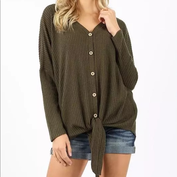 Pink Peplum Boutique Tops - Dark olive thermal waffle knit button down top